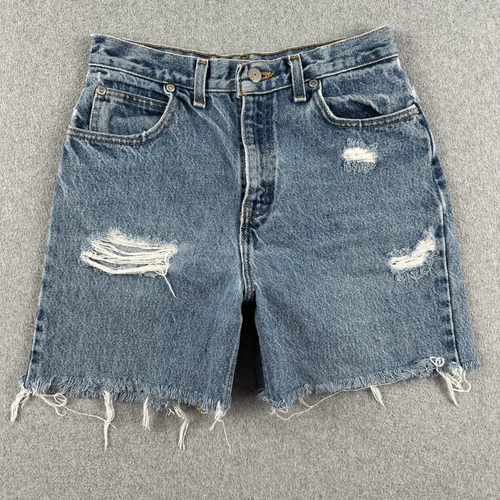 Faded Glory Shorts Womens 8 Relaxed Fit Blue Distressed Denim Raw Hem Cotton